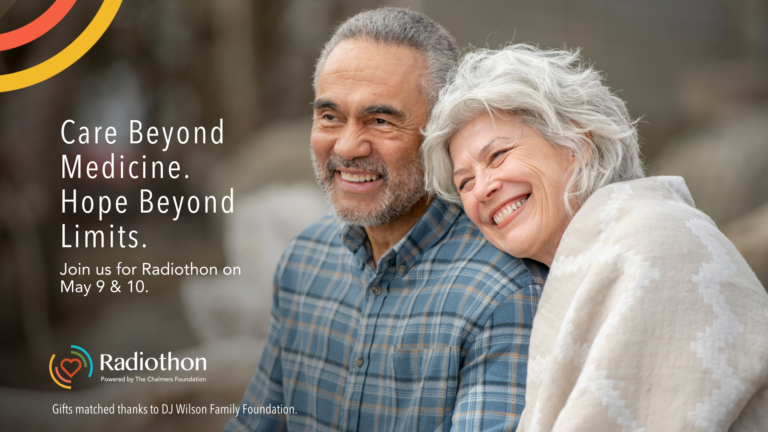 Image of a man and woman smiling with text overlaid "Join us for Radiothon May 9 &10.